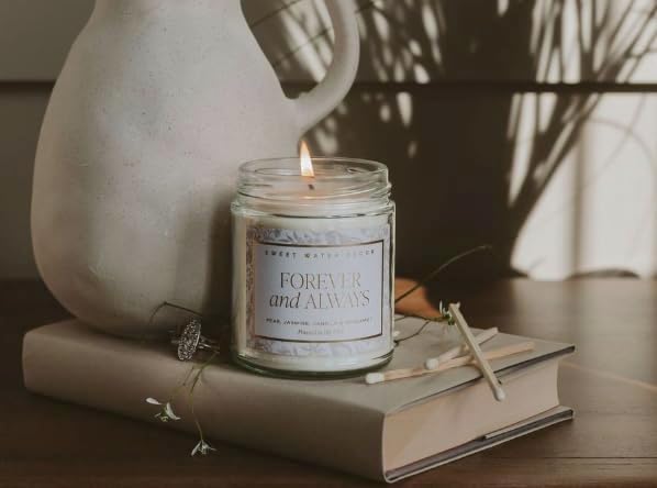 Sweet Water Decor Forever and Always Wedding Candle, Bridal Shower Gift, Scents; Pear, Jasmine, Vanilla, & Bergamot, Romantic Candle, 40 Hours Burn Time, Grey Delft Design 9oz Clear Jar with Gold Lid