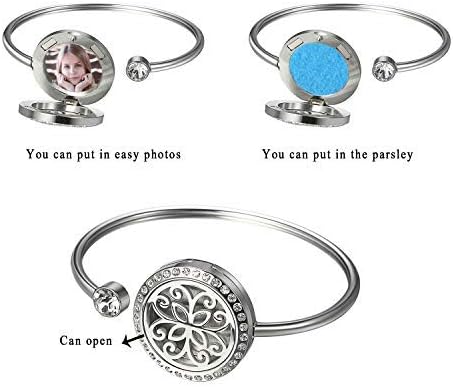 Cupimatch Adjustable Tree of Life Essential Oil Diffuser Bracelet, Stainless Steel CZ Aromatherapy Locket Bangle 8 Color Pads Jewelry Set for Women for Mother's Day