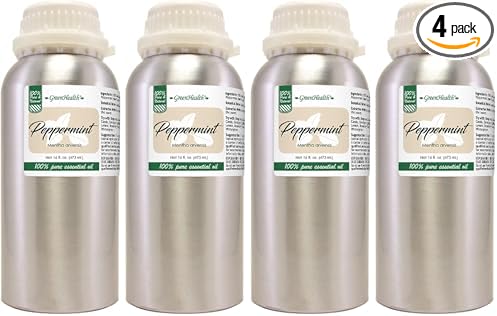 GreenHealth Peppermint Essential Oil – 4 Pack (16 fl oz Each) – 100% Pure & Uncut – Strong Menthol Scent – Aluminum Bottles for Diffusers, Cleaning, DIY Use