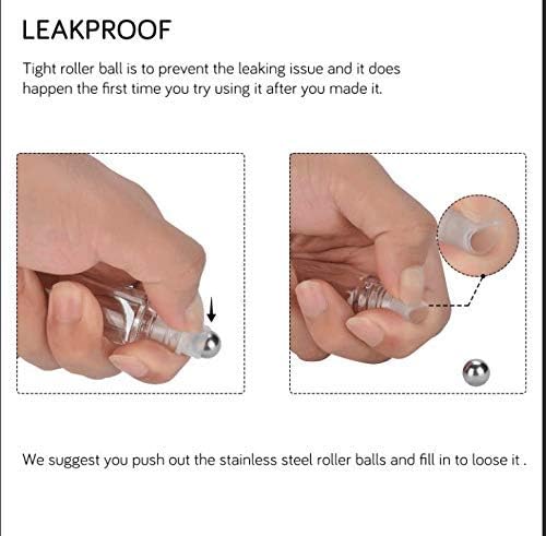 PrettyCare Set of 24, 10 ml Essential Oil Roller Bottles with Stainless Steel Roller Ball - Refillable Leak-proof Empty Thick Clear Glass Roll on Bottles with Silver Metal Caps for Travel, Perfume