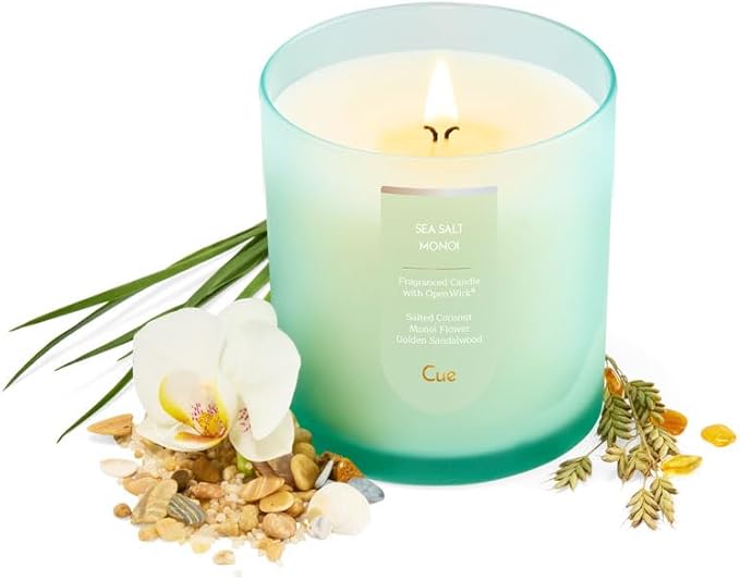 CUE Scented Candle | OpenWick Clean Burning | Soy Coconut Wax Blend | Spring | Summer | Clean Burning | Gift | Extended Burn Time (8.5oz, Sea Salt Monoi)