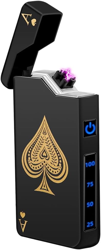 LcFun Electric Lighter Rechargeable USB, Dual Arc Plasma Lighter, Windproof Flameless Electronic Lighters, Pocket Metal Lighters with LED Battery Indication for Candles, Camping (Black Ace)