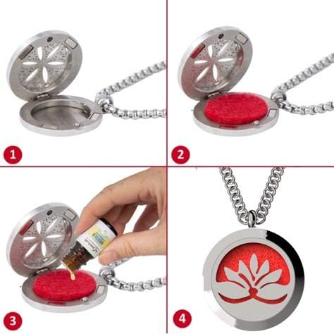 Wild Essentials Open Lotus Flower Essential Oil Diffuser Necklace, Stainless Steel Locket Pendant with 24 inch Chain, 12 Color Refill Pads, Customizable Color Changing Perfume Jewelry for Aromatherapy