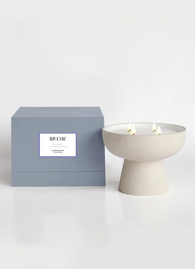 Blueme Sleep Candle | Lavender & Cypress | 4 Wick - Refillable Wellness Candle with Essential Oils, Hand Finished & Poured Soy Wax Blend Ceramic Vessel, Natural Cotton Wicks | Large 24 oz