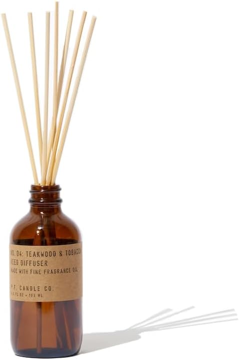 P.F. Candle Co. Teakwood & Tobacco Classic Scented Rattan Reed Diffuser (3.5 fl oz) Amber Glass Jar, Fine Fragrance Oil, Low Maintenance Scent Throw, Made in The U.S.A.