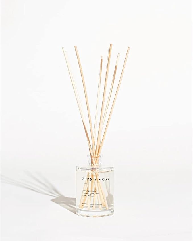Brooklyn Candle Studio Reed Scent Diffuser - Fern & Moss - Relaxing Oil Diffuser, Sage, Lavender & Pine Fragrance, 8 Rattan Diffuser Reeds, Clean Ingredients - 4.4oz