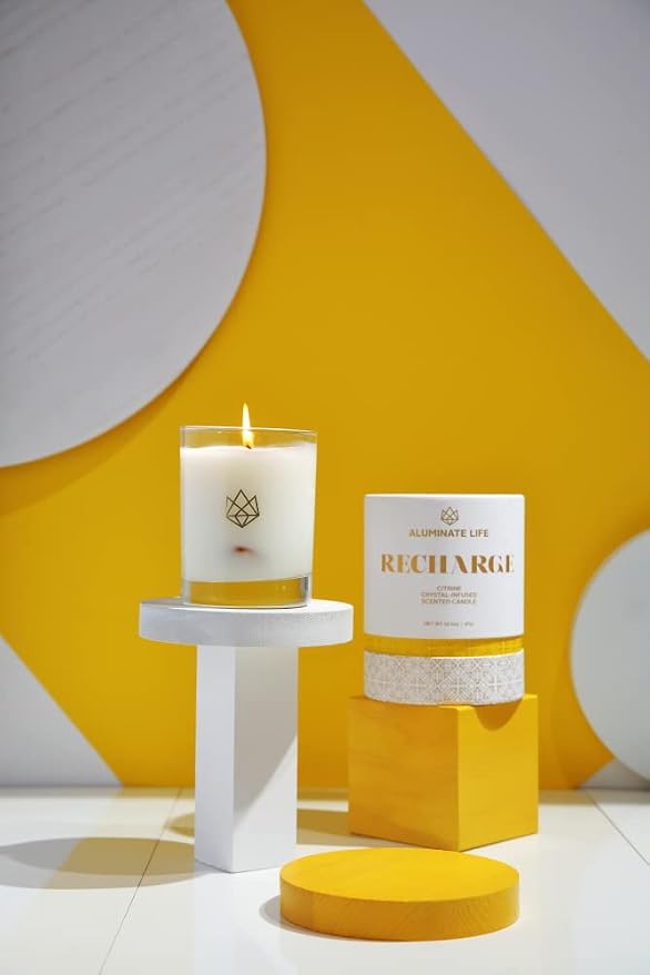 Luxury Glass Jar Candle, 14.5 OZ, Recharge - Citrine Crystal Infused - Scents of Lemongrass, Geranium, and Basil - Happiness, Manifestation, & Abundance - Coconut Wax, Essential Oils