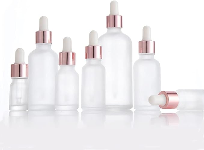 12 Pack, 0.5 Oz Matte Glass Dropper Bottle, Empty Frosted Essential Oil Bottle Holder With Glass Eye Dropper, Rose-Golden Caps Perfume Travel Vial Container - Pipette, Stickers, Funnel Included