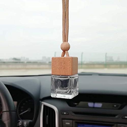10 Pcs 8ml Car Air Freshener Ornament,Empty Clear Glass Essential Oil Diffuser Perfume Aromatherapy Pendant Vials with Wooden Caps & Hanging String-Free 1 Funnel&Dropper