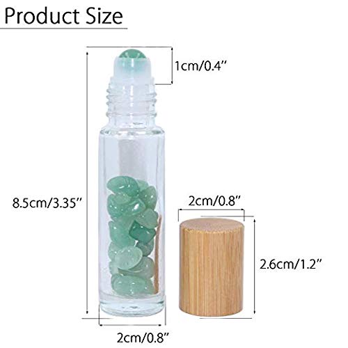 5 Pack 10ml Clear Roll On Bottles With Natural Chakra Crystal Chips for Essential Oils,Perfume Glass Roller Bottles Container Bamboo Lid,Crystal Roller,Pipette&Opener Included (Fluorite)