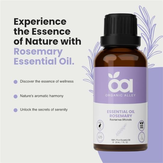 Rosemary Essential Oil by Organic Alley | 100% Pure Rosmarinus Officinalis Oil, Therapeutic Grade | Aromatherapy Essential Oil for Clarity & Focus (1 Fl Oz)