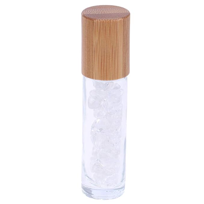 5 Pack 10ml Clear Roll On Bottles With Natural Chakra Crystal Chip for Essential Oils,Perfume Glass Roller Bottles Container Bamboo Lid,Crystal Roller,Pipette&Opener Included