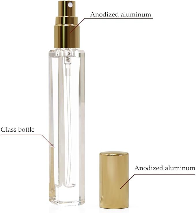 5PCS Cologne Atomizer Empty, 10ML Mini Perfume Bottles Refillable With Dispenser Tools, Pocket Spray Bottle for Travel and Sample Container (Transparent+Golden Cap)