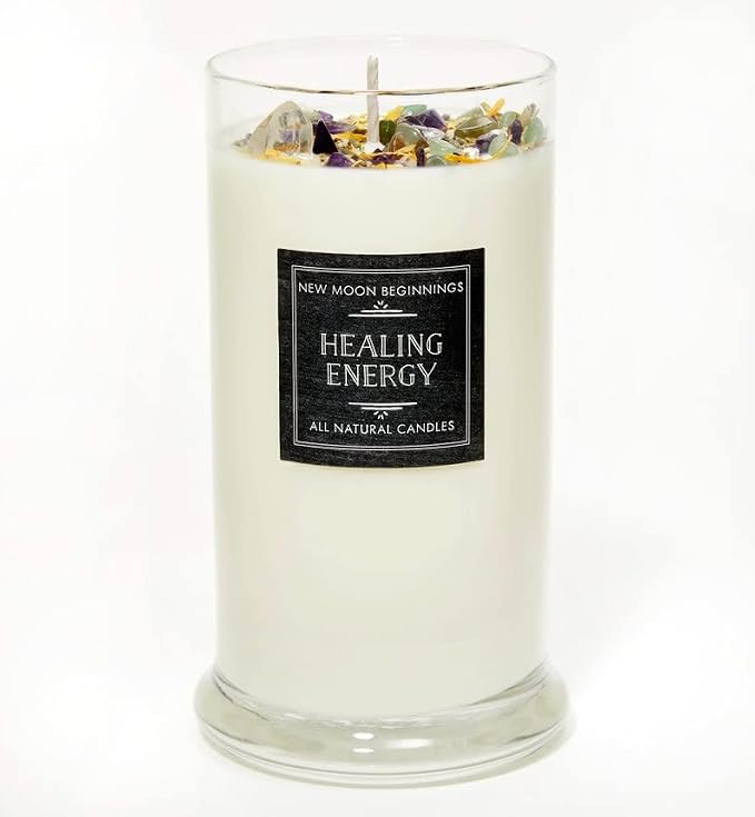 New Moon Beginnings Healing Candle - Negative Energy Cleansing - Soy Aromatherapy - Handmade with Crystals & Herbs - 21oz Glass Jar