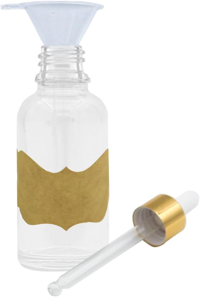 12 Pcs Glass Dropper Bottles with Eye Dropper Dispensers Lab Dropping Bottles with 2Pcs Long Pipettes 2Funnel and12 Label for Travel Cuticle Massage Essential Oils Perfume (Clear,1oz)