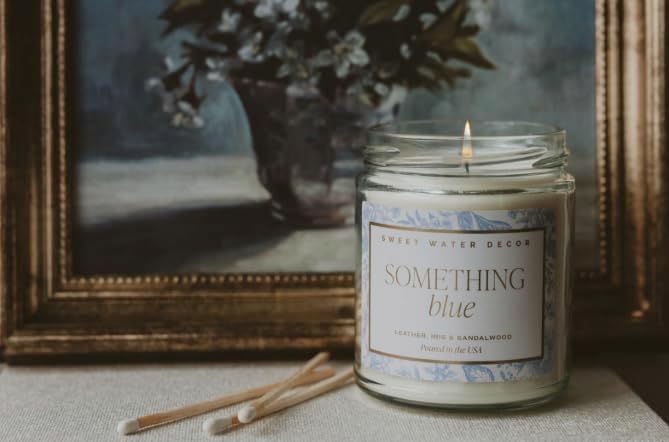 Sweet Water Decor Something Blue Wedding Candle, Non-Toxic Soy Wax, Leather, Iris, and Sandalwood Scent for Relaxation, Gift for Bride, 40 Hours Burn Time - 9oz Gold Lid, Clear Jar