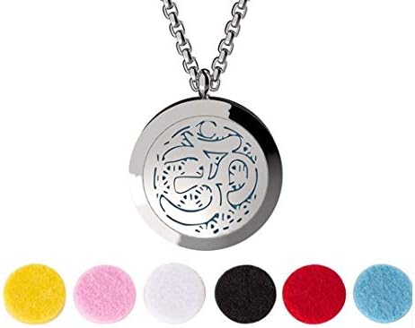 Wild Essentials Aum OM Essential Oil Diffuser Necklace, Stainless Steel Locket Pendant with 24 inch Chain, 12 Color Refill Pads, Customizable Color Changing Perfume Jewelry for Aromatherapy