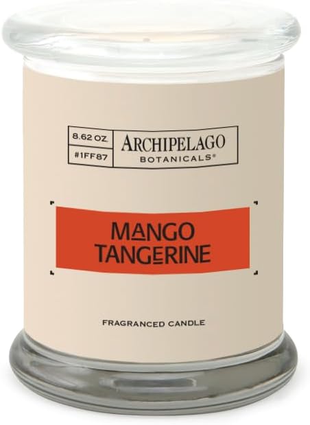 Archipelago Botanicals Scented Candle Hand-Poured Premium Wax, Burns Approx. 60 Hours, Mango, Tangerine, Soy Candle in Glass Jar, 4.5 Inch, 8.6 oz