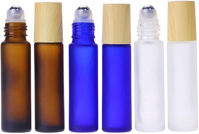 10 Pcs Frosted Glass Essential Oils Roll on Bottles,10ml Refillable Massage Roller Bottles Perfume Bottles with Stainless Steel Ball Wood Grain Cap Empty Travel Roller Essential Oils Vials(White)