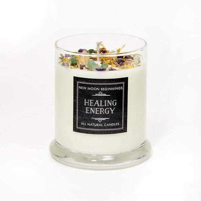 New Moon Beginnings Healing Candle - Negative Energy Cleansing - Soy Aromatherapy - Handmade with Crystals & Herbs - 12oz Glass Jar
