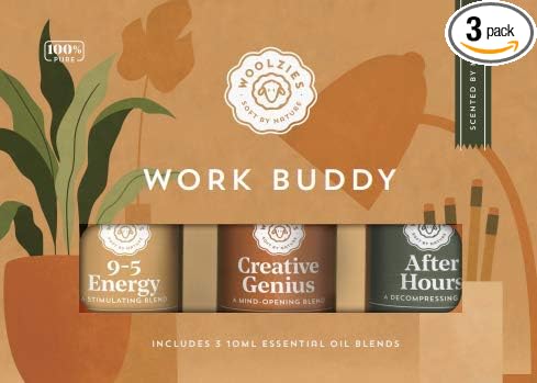 Woolzies Work Buddy Essential Oil Blends Set of 3 for Diffuser, Massage or Topical Use | Incl 9-5 Energy, Creative Genius & After Hours | 10 ML