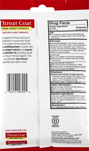 Traditional Medicinals Organic, Throat Coat Lozenges, Lemon Ginger Echinacea - Herbal Cough Drops, Helps Soothe Sore Throat - Non-GMO, Stimulant-Free - 16 Count (Pack of 2)