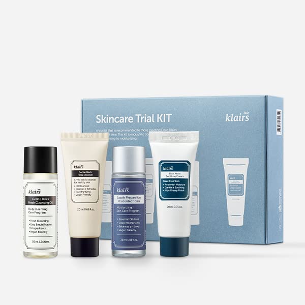 DearKlairs Skincare Travel Trial Kit – Korean Mini Set with Cleansing Oil, Foaming Cleanser, Toner & Soothing Cream, Facial Gift Set for All Skin Types, Vegan, Cruelty-Free