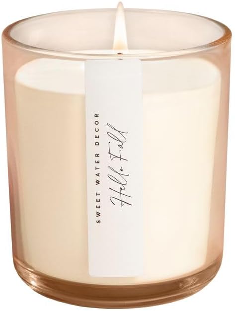 Sweet Water Decor Hello Fall Candle, 12oz Sandstone Glass Jar, Autumn Scented Notes of Cider, Cinnamon Cloves, & Nutmeg, 50+ Hour Burn Time, Non-Toxic Soy Wax Blend, Poured in the USA, Cotton Wick