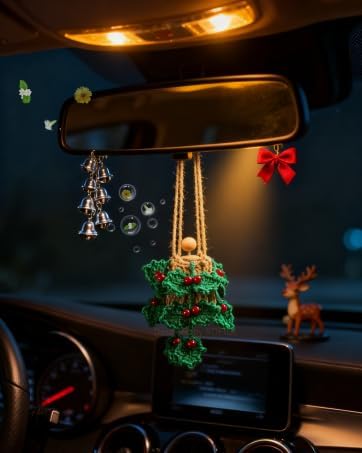 ROFIGL Handmade Crochet Car Air Freshener - Crochet hanging holly plants with 12ml Empty Refillable Oil Diffuser Bottle, Green Car Accessory for Mirror Decor and Home Decor