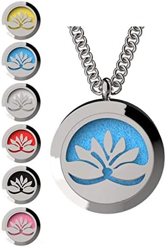 Wild Essentials Open Lotus Flower Essential Oil Diffuser Necklace, Stainless Steel Locket Pendant with 24 inch Chain, 12 Color Refill Pads, Customizable Color Changing Perfume Jewelry for Aromatherapy