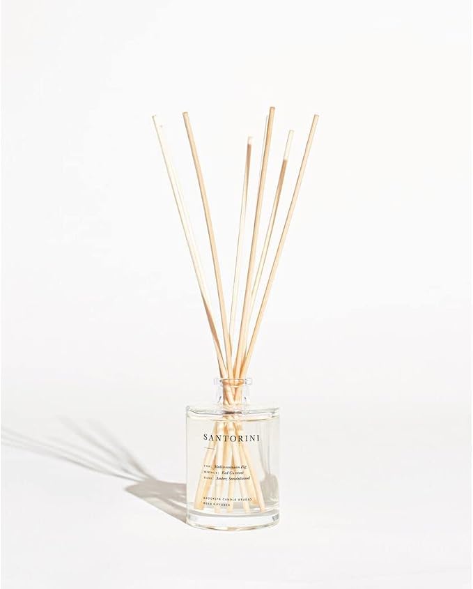 Brooklyn Candle Studio Reed Scent Diffuser - Santorini - Relaxing Oil Diffuser, Sandalwood & Amber Fragrance, 8 Rattan Diffuser Reeds, Clean Ingredients - 4.4oz