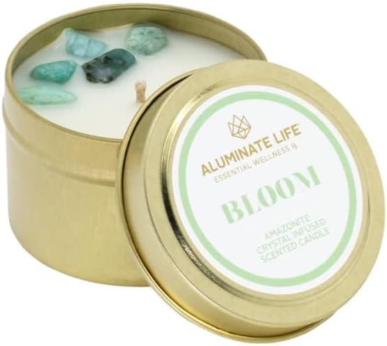 Luxury Candle Tin, 4 OZ, Bloom - Amazonite Crystal Infused - Scents of Lavender, Neroli, and Jasmine - Hope, Discovery, & Growth - Coconut Wax Blend, Essential Oils, Dr. Developed