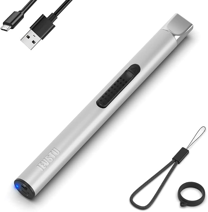 Candle Lighter, Electric Rechargeable USB, Arc Windproof Flameless Plasma Lighter Long Stick with Rope and Ring, No Butane Fluid, Perfect for Candle BBQ Camping Kitchen Stove, Silver
