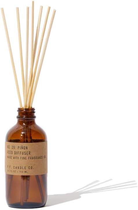 P.F. Candle Co. Piñon Classic Scented Rattan Reed Diffuser (3.5 fl oz) Amber Glass Jar, Fine Fragrance Oil, Flame-Free Fragrance, Made in The U.S.A.