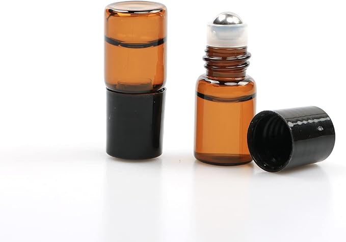 Furnido 25 Pack 2ml Amber Glass Roll on Bottle For Essential Oils,Perfume Vial with Stainless Steel Roller Ball,Black Caps Mini Sample Vials Cosmetics Small Container