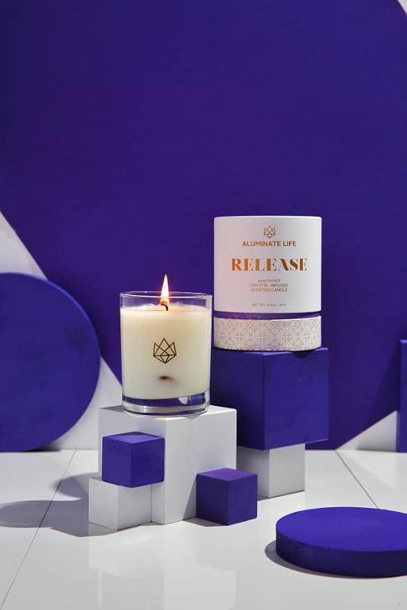 Luxury Glass Jar Candle, 14.5 OZ, Release - Amethyst Healing Crystal Infused - Scents of Lavender, Bergamot, & Frankincense - Relieve, Support, & Transform - Coconut Wax, Essential Oils