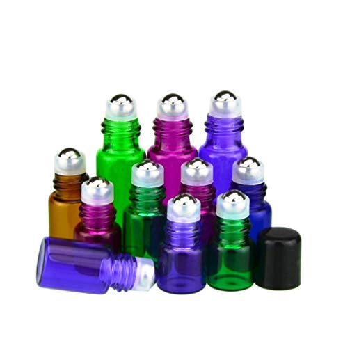 25 Pack 1ml (1/4 Dram) Colorful Glass Roll On Glass Bottles for Essential Oils,Empty Glass Vial with Stainless Steel Roller Balls Perfume Aromatherapy Travel Roll On Container-5 Color Options (Red)