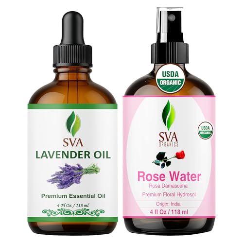 SVA Rose Water and Lavender Essential Oil 4 oz Bundle Super Saver Combo – Premium Grade Bundle Set for Hair Oiling, Scalp Massage, Hair Care, Face, Skin Care and Body Massage