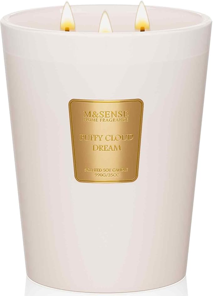 M&SENSE Puffy Cloud Dream Soy Candle, 35oz 3 Wick 150H Long Lasting, Large Aromatherapy Candles Soft Nursery & Bedroom Calm, Housewarming Gifts