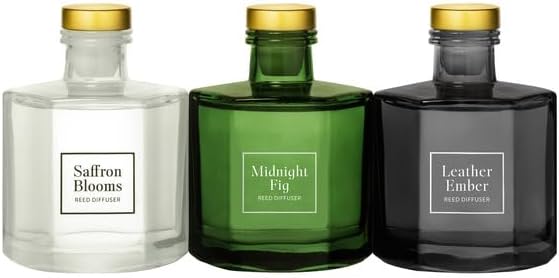 Bellevue Reed Diffuser Set, Three 6 fl oz Glass Filled Diffuser, Highly Concentrated Fragrances with Essential Oils, Home Fragrance (Leather Ember, Midnight Fig, Saffron Blooms)