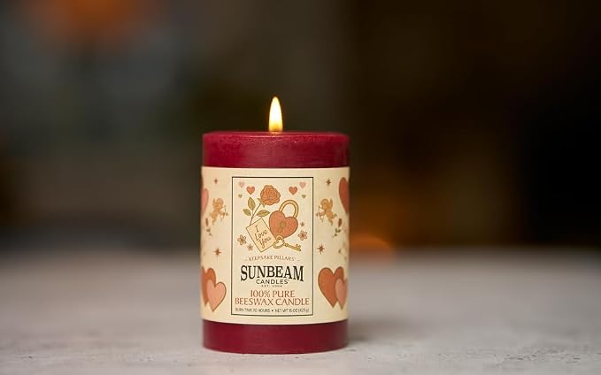 Sunbeam Candles 100% Pure Beeswax Pillar Candles | Long Burning All Natural Non-Toxic Beeswax Candles | Made in USA (Keepsake Love, Red, 3"x4.25")