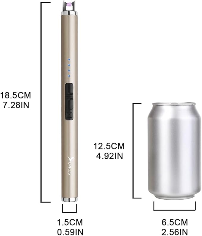 SUPRUS Electric Lighter Candle Type C Rechargeable Lighter with Upgraded LED Battery Display Safety Switch Flameless Plasma Windproof for Candle Cooking BBQs Fireworks Gift(Champagne Gold)