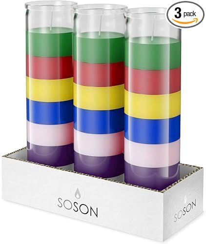Simply Soson 3 Pack Unscented 7 Color Glass Prayer Devotional Candle, Hand Poured Wax Candles - 2 Inch x 8 Inch, Great for Sanctuary, Vigils, Casting Chimes, Rituals, Spells, Wiccan & More