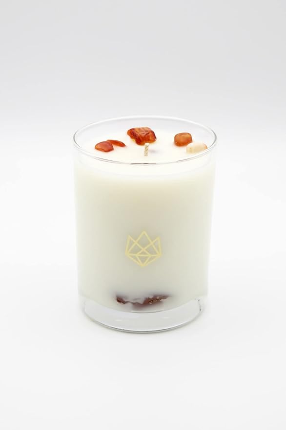 Luxury Glass Jar Candle, 14.5 OZ, Energy - Red Carnelian Healing Crystal Infused - Scents of Lemon, Grapefruit, & Bergamot - Passion, Confidence, & Vitality - Coconut Wax, Essential Oil