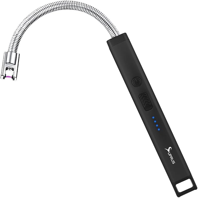 SUPRUS Rechargeable Candle Lighter Electric Arc Triple Safety Long Lighter Stainless Steel Shell & Hanging Hook (Black)