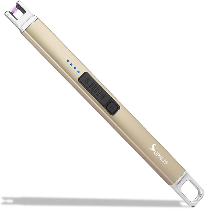 SUPRUS Candle Lighter Arc Electric Lighter Windproof Flameless with Safety Switch for Camping BBQ Birthday, Giftbox for Mom Wife Friend (Champagne Gold)