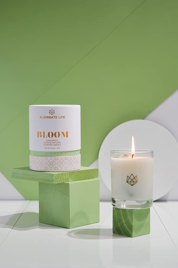 Bloom Aromatherapy Candle for Spiritual Healing, Wellness & Meditation – Amazonite Crystal-Infused with Lavender, Neroli & Jasmine – 14.5 oz Long-Burn Coconut Wax, Reusable Glass