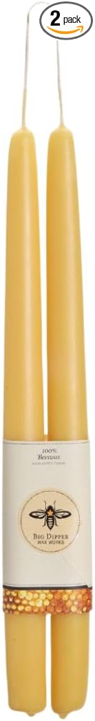 Big Dipper Wax Works Natural Honey Hand-Dipped Beeswax Taper Candles – 12” x 7/8”, 2-Pack, 100% Pure Beeswax, Long Burning, Clean, Cotton Wick, Handmade in USA, Home Décor & Wedding Candles
