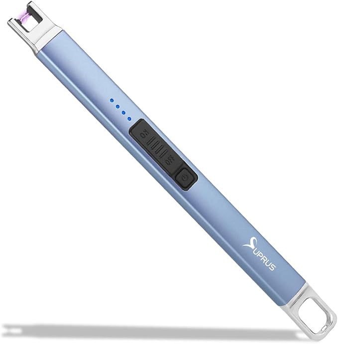 SUPRUS Candle Lighter Arc Electric Lighter Windproof Flameless with Safety Switch for Camping BBQ Birthday, Giftbox for Mom Wife Friend (Blue)