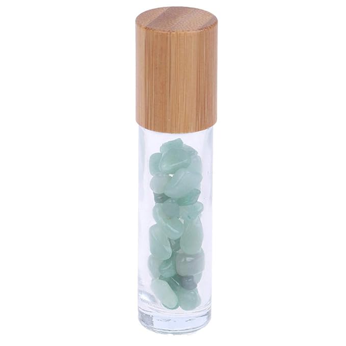 5 Pack 10ml Clear Roll On Bottles With Natural Chakra Crystal Chips for Essential Oils,Perfume Glass Roller Bottles Container Bamboo Lid,Crystal Roller,Pipette&Opener Included (Green Aventurine)